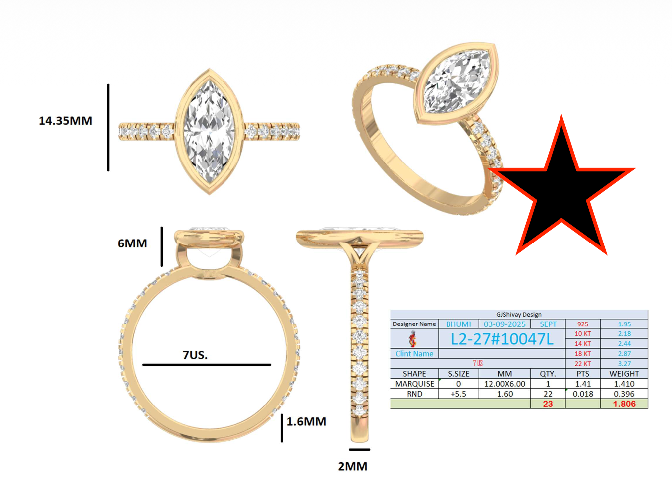 1.80 Ct. Marquise Diamond Ring with Bezel Setting and Pavé Band (L2-27#10047L) 16
