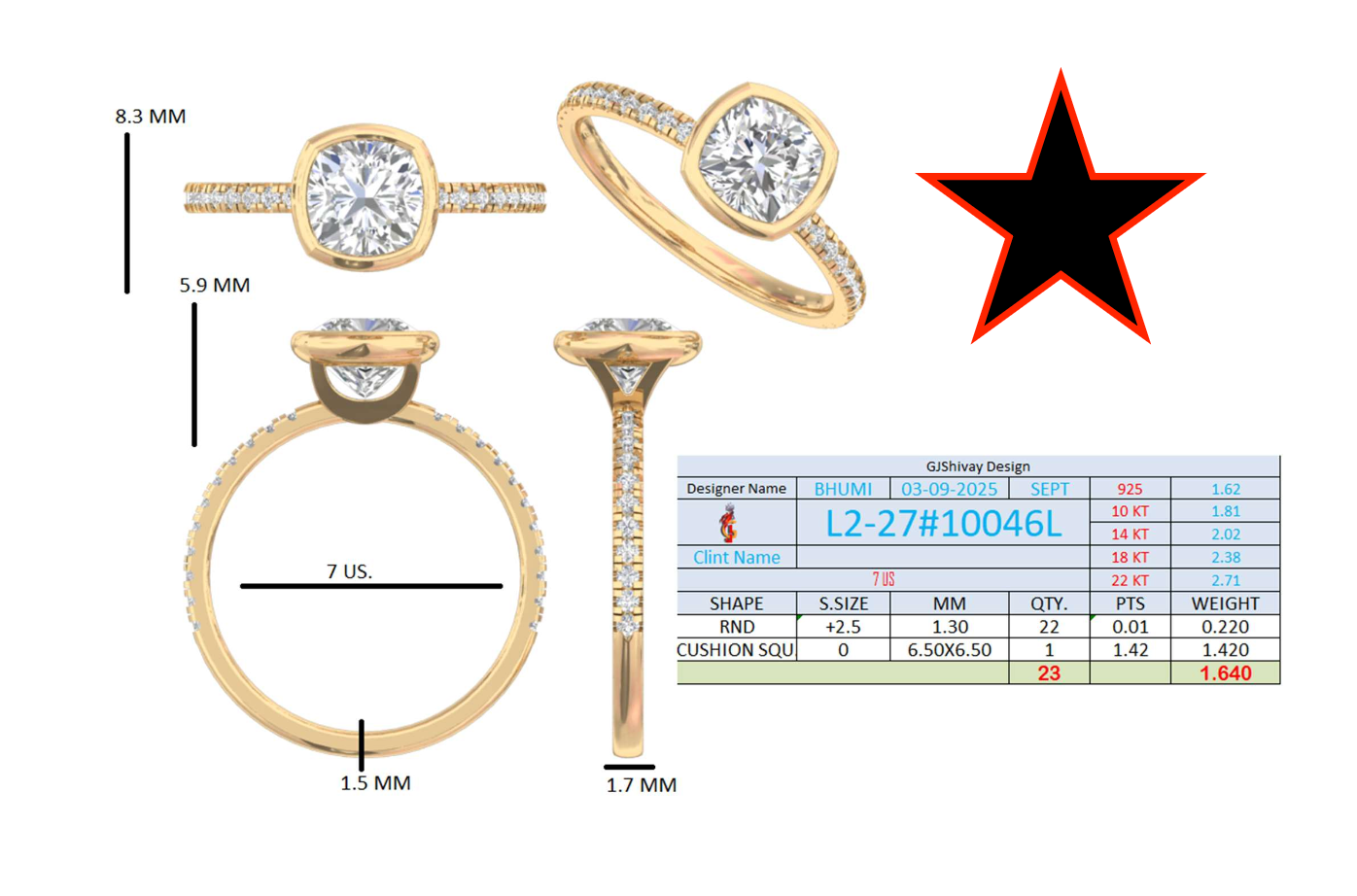 1.65 Ct. Cushion-Cut Diamond Ring with Bezel Setting and Pavé Band (L2-27#10046L) 16