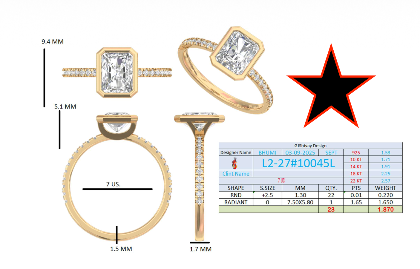 1.85 Ct. Radiant Cut Bezel-Set Diamond Ring with Pavé Shank (L2-27#10045L) 16