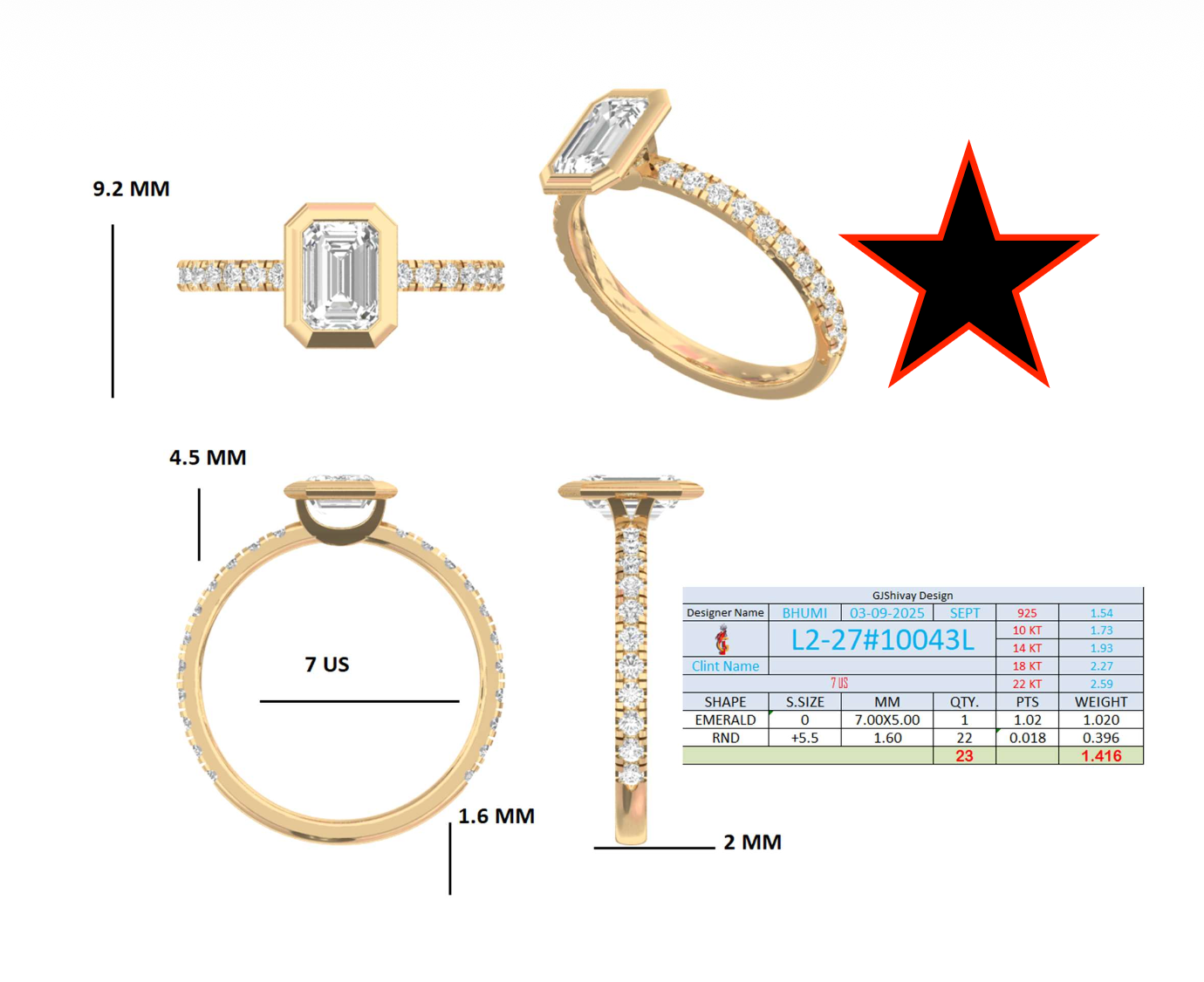 1.40 Ct. Classic Emerald-Cut Diamond Bezel-Set Ring with Pavé Band (L2-27#10043L) 16
