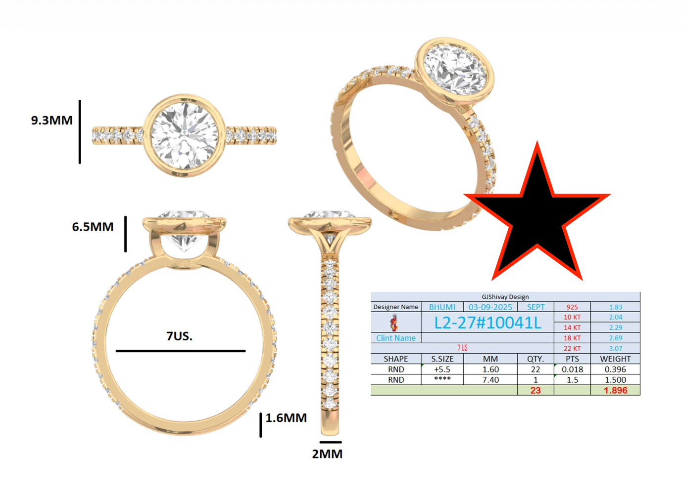 1.90 Ct. Classic Round Diamond Bezel-Set Ring with Pavé Band (L2-27#10041L) 16