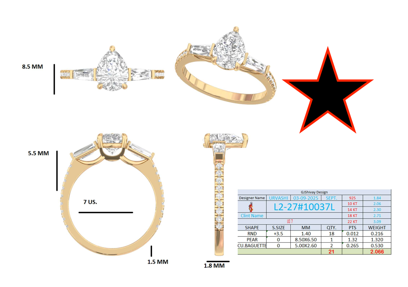 2.07 Ct. Pear Diamond Ring with Tapered Baguette Side Stones and Pavé Shank (L2-27#10037L) 16