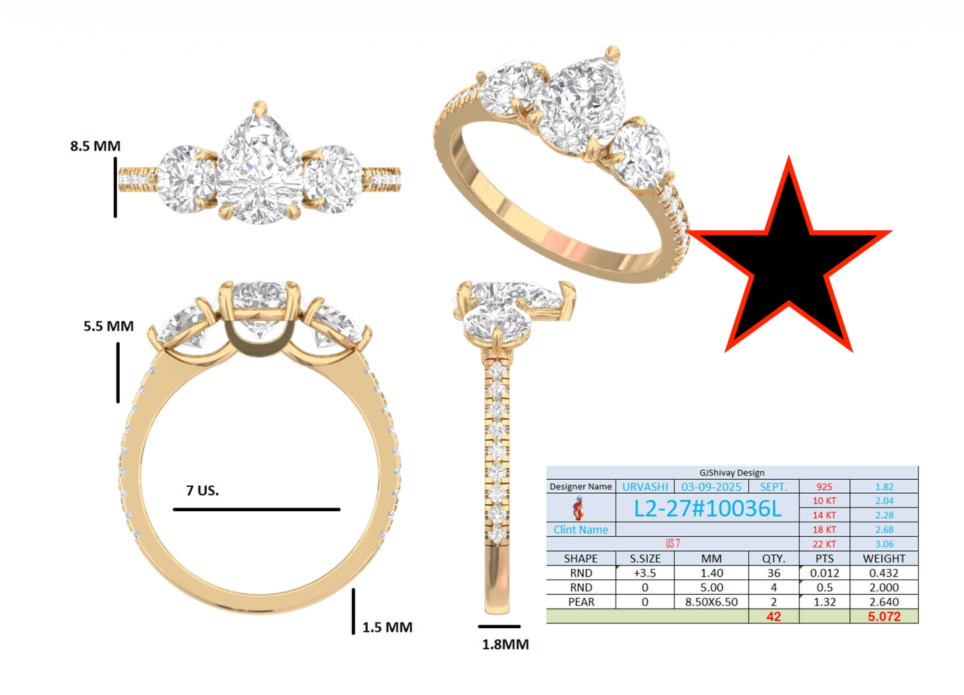 2.55 Ct. Pear Diamond Ring with Pear Side Stones and Pavé Shank (L2-27#10036L) 16
