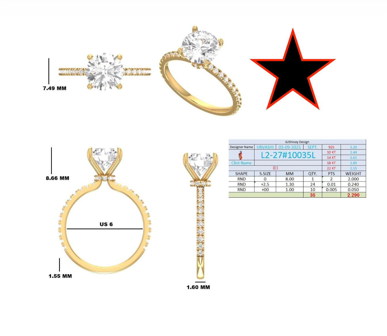 2.30 Ct. Classic Round Diamond Solitaire Ring with Hidden Halo and Pavé Shank (L2-27#10035L) 16