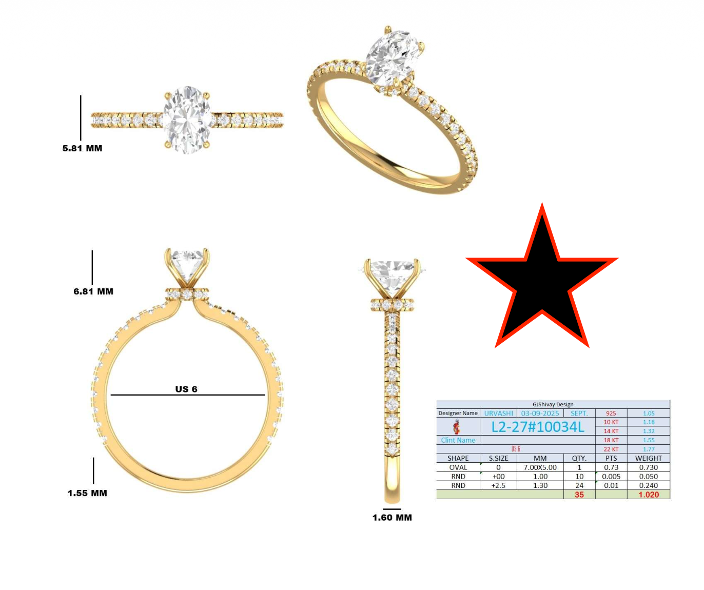 1.02 Ct. Oval Diamond Solitaire Ring with Hidden Halo and Pavé Shank (L2-27#10034L) 16