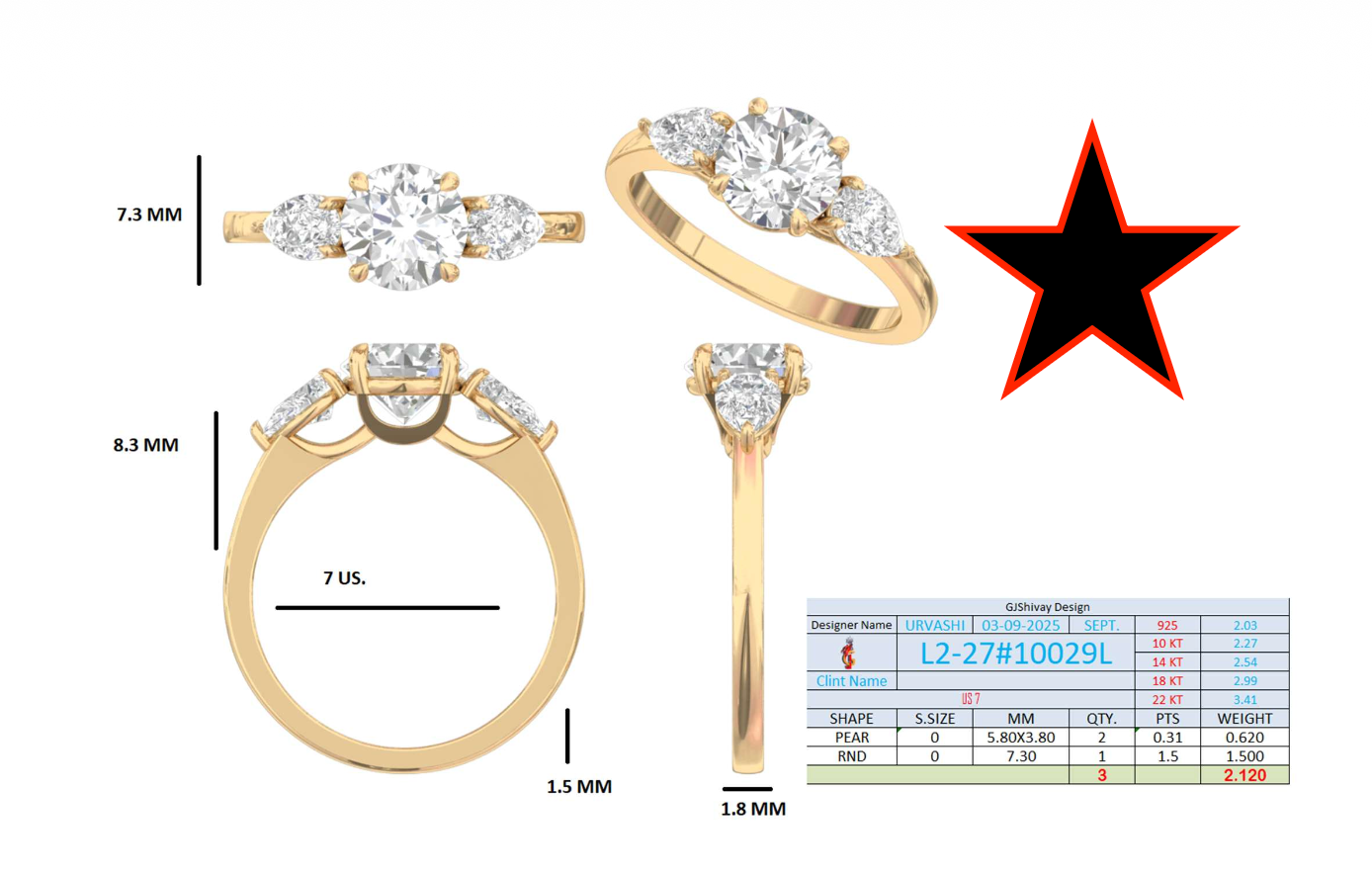 2.12 Ct. Round Diamond Ring with Pear Side Stones (L2-27#10029L) 16