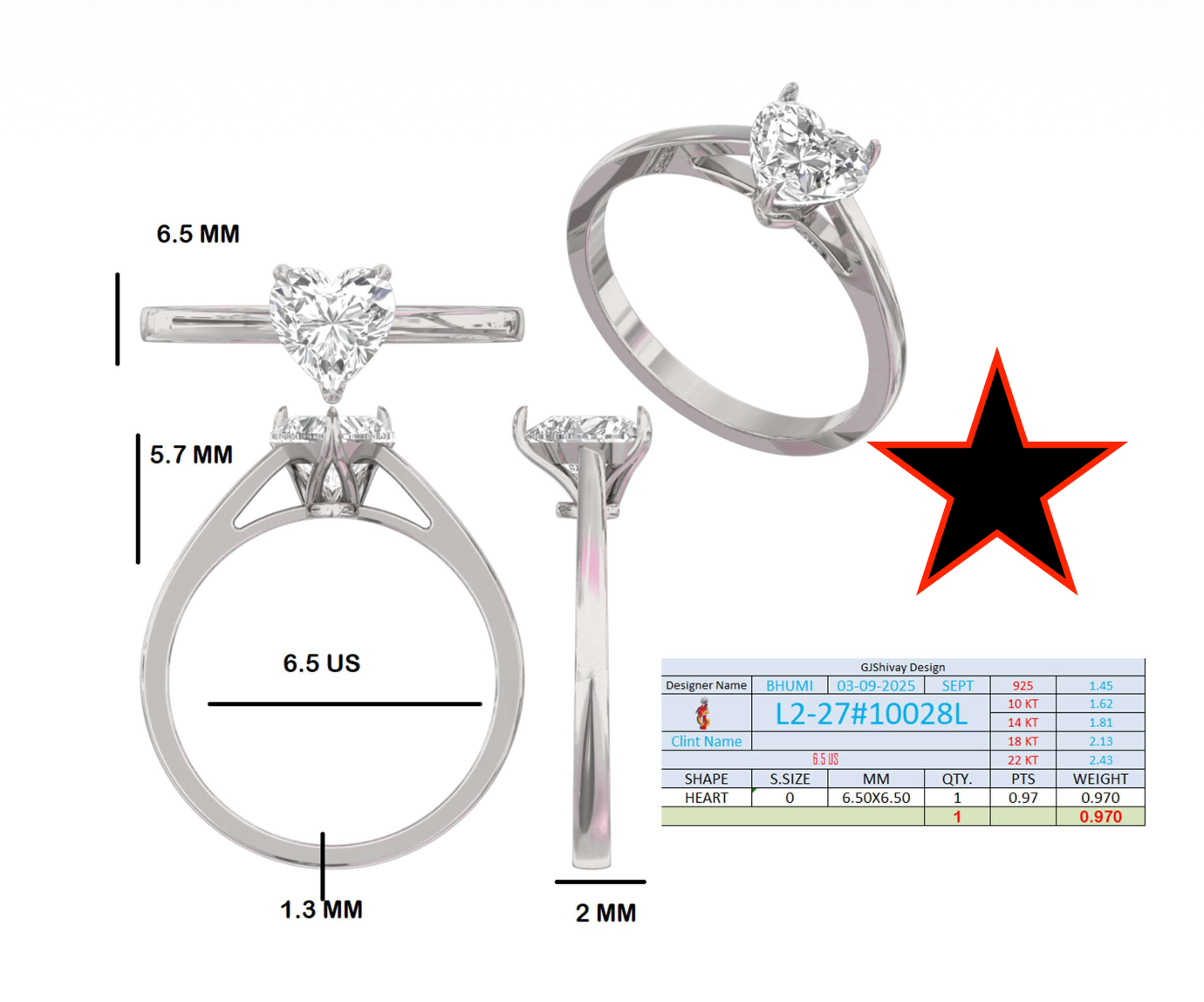 1.00 Ct Classic Heart-Shaped Diamond Solitaire Ring with Three-Prong Setting (L2-27#10028L) 16