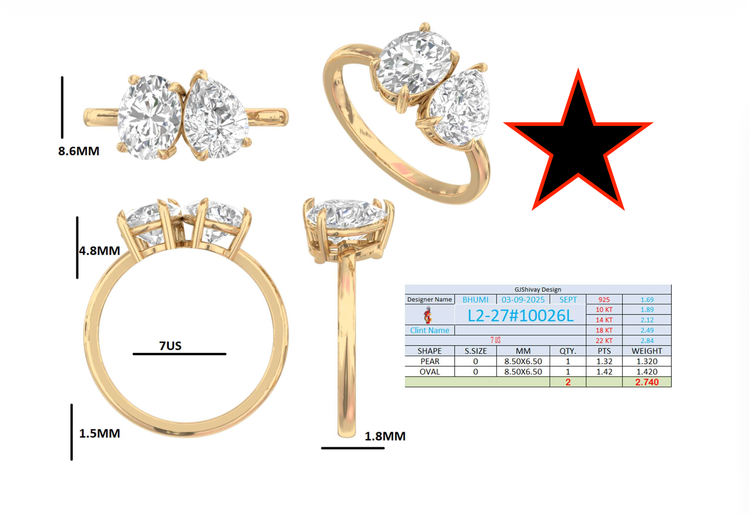 2.75 Ct. Toi et Moi Oval and Pear Diamond Ring with Dual-Prong Setting (L2-27#10026L) 16