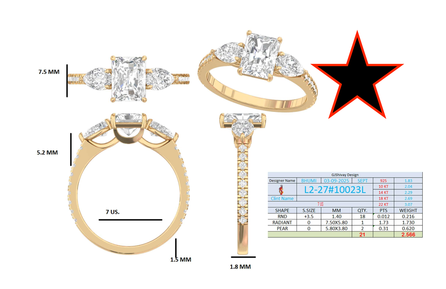 2.57 Ct. Radiant Cut Diamond Ring with Pear Side Stones and Pavé Shank (L2-27#10023L) 16