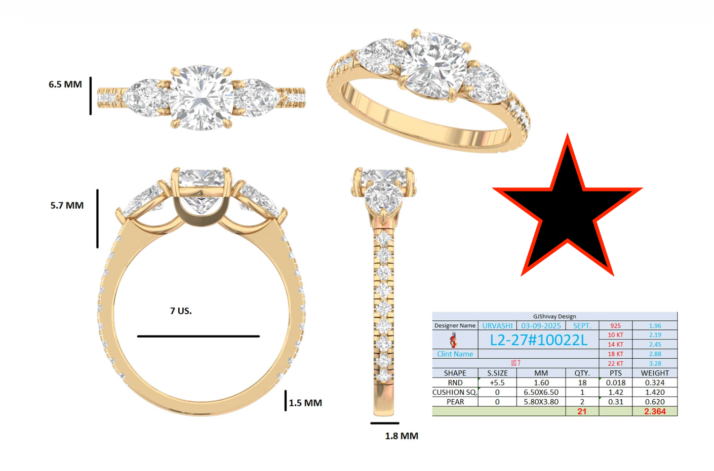 2.36 Ct. Cushion Cut Diamond Ring with Pear Side Stones and Pavé Shank (L2-27#10022L) 16