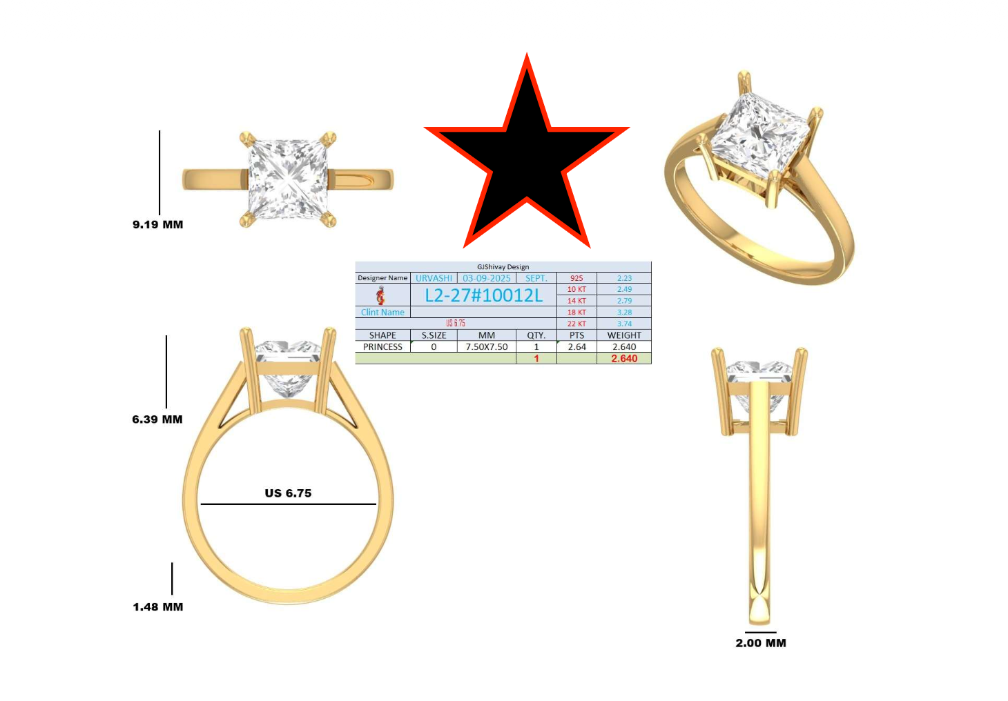2.65 Ct. Princess Cut Diamond Solitaire Ring with Four-Prong Setting (L2-27#10012L) 16