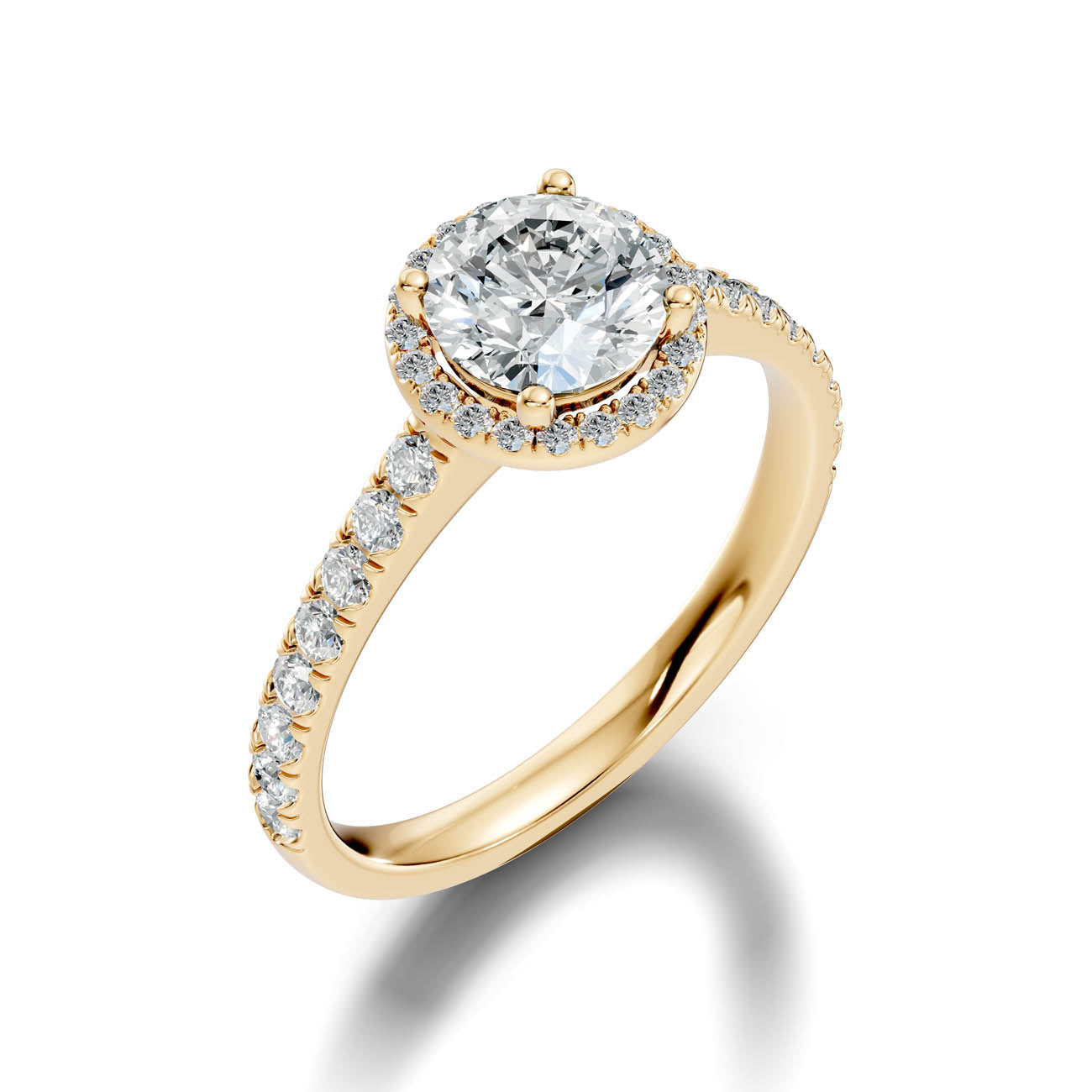 .50-1.00 Ct. Round Diamond Halo Ring with Pavé Band and Four-Prong Setting (ja1-a)