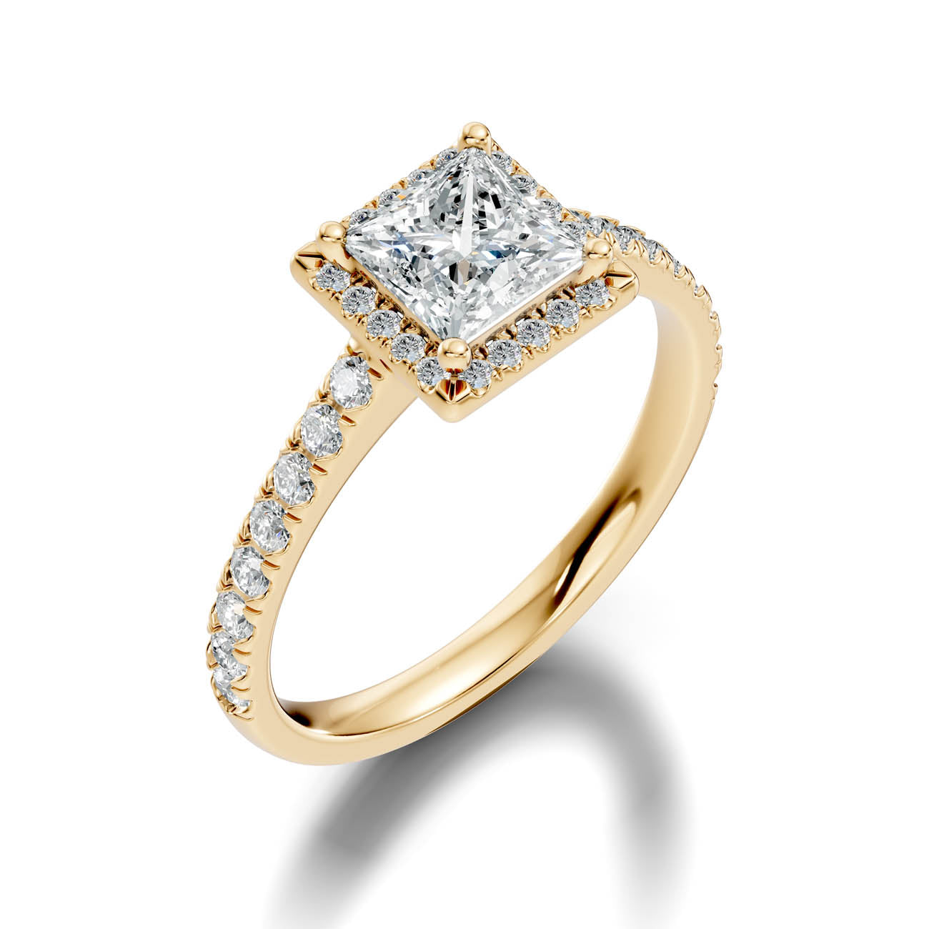 .50-1.00 Ct. Princess Cut Diamond Halo Ring with Pavé Band and Four-Prong Setting (ja1-b)