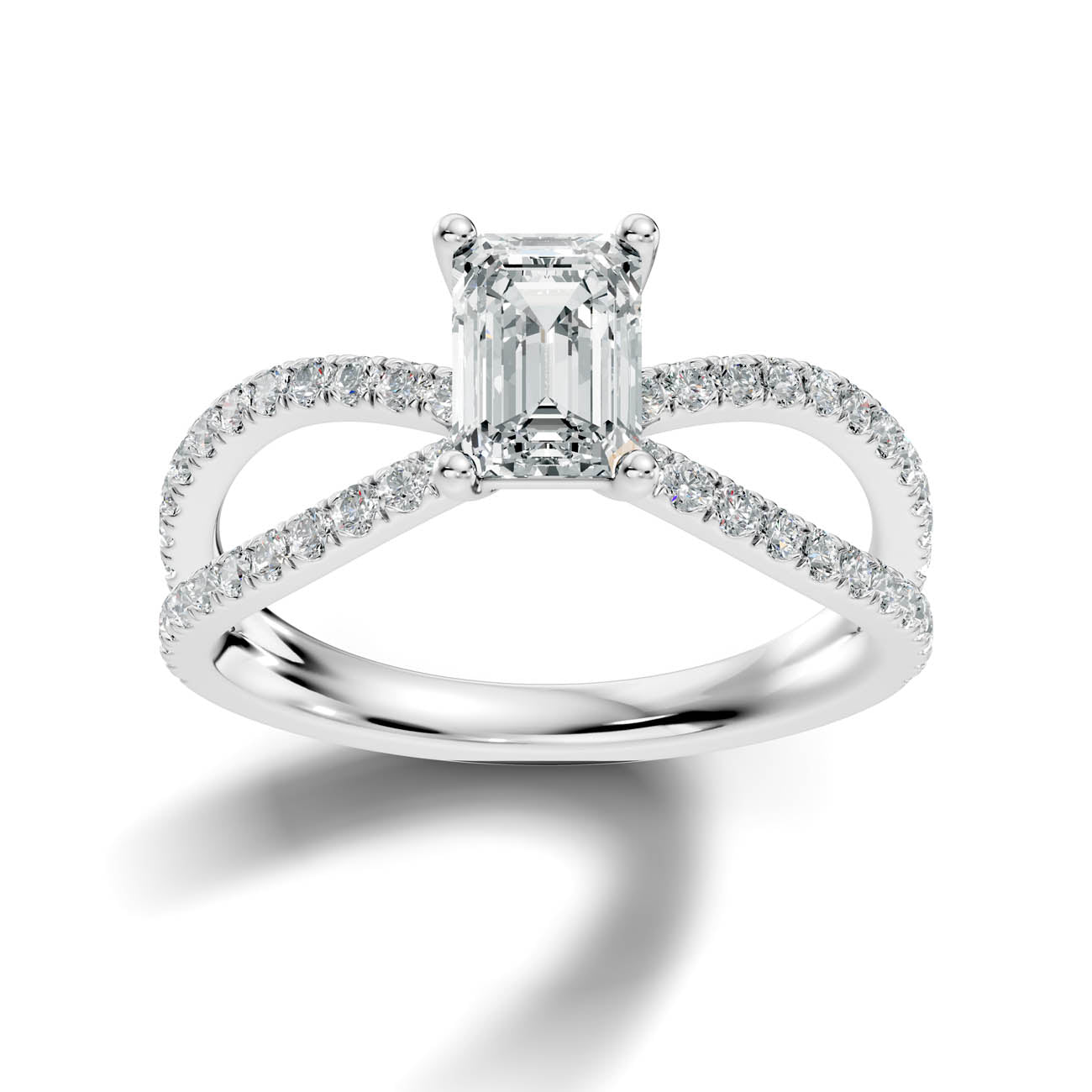1.40 Ct. Emerald Cut Diamond Pavé Crossover Ring with Four-Prong Setting (23-c)