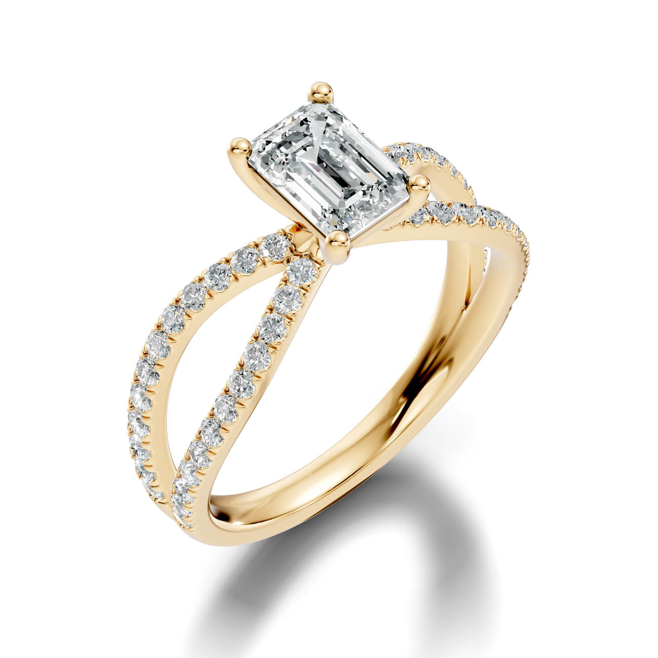 1.40 Ct. Emerald Cut Diamond Pavé Crossover Ring with Four-Prong Setting (23-c)