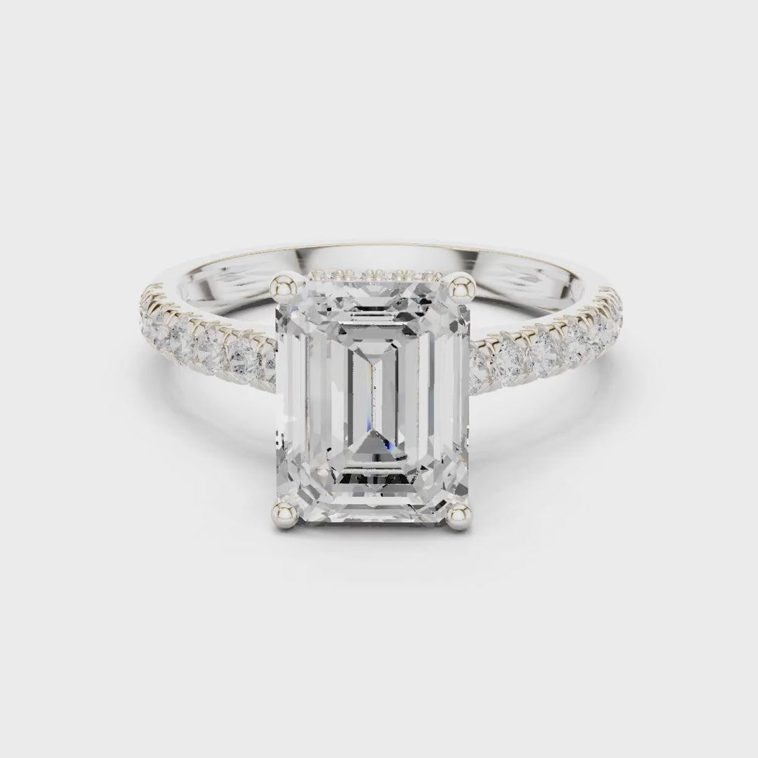 3.15 Ct. Emerald Cut Diamond Ring with Pavé Band and Hidden Halo (DDLR-258-EM)