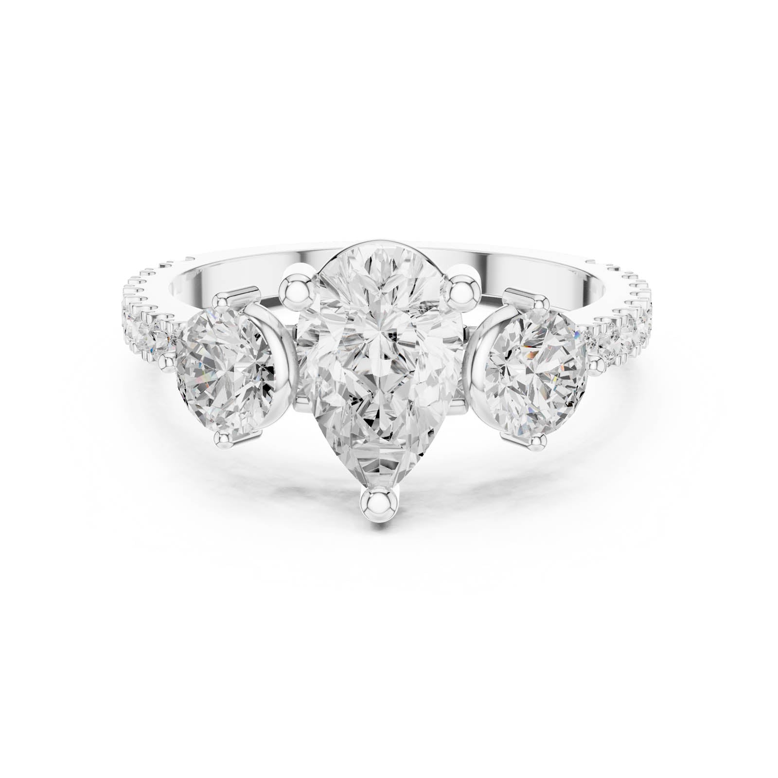 2.00 Ct. Pear Shape Diamond Three-Stone Ring with Round Side Stones and Pavé Band (DDLR-1096) 3