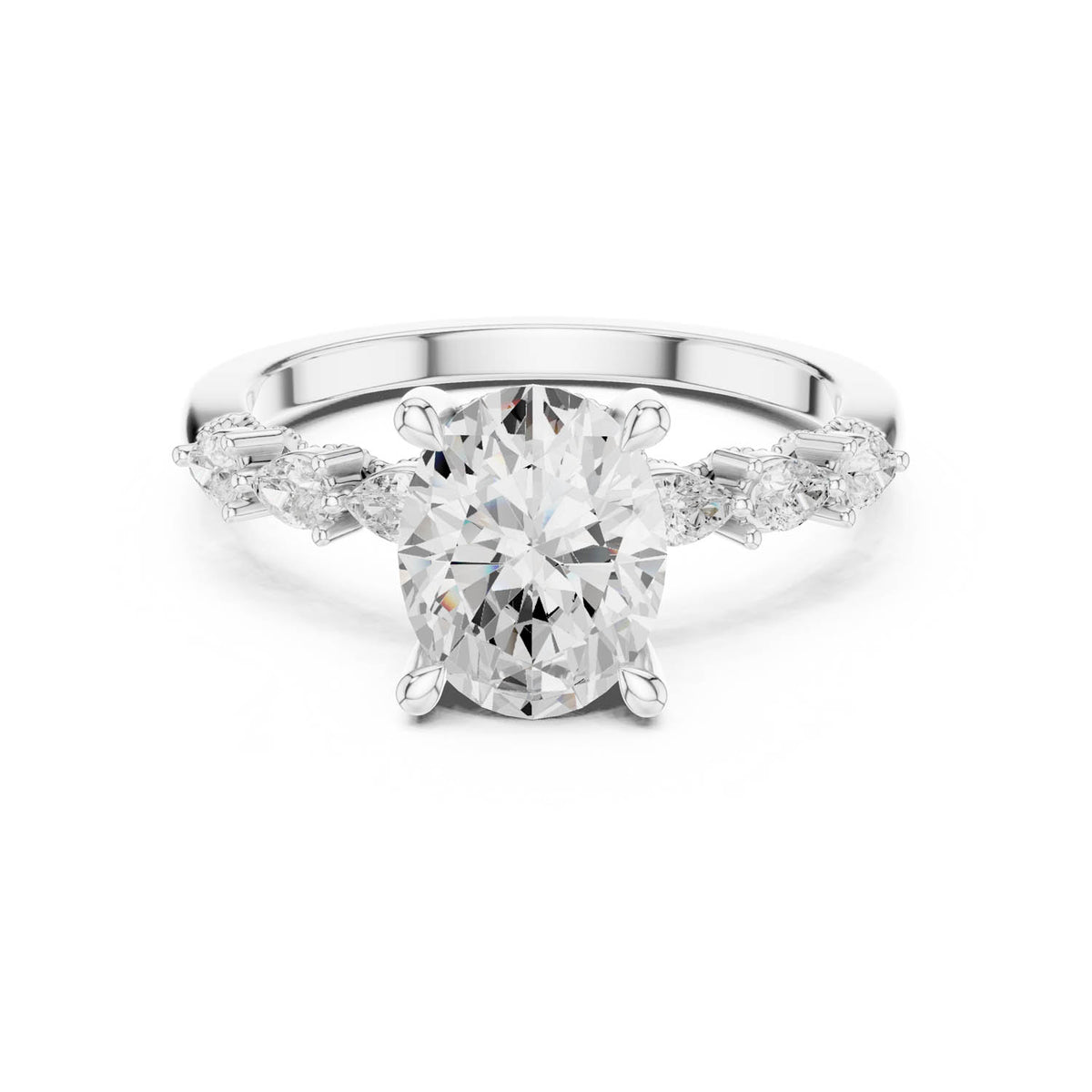 2.32 Ct. Classic Oval Diamond Ring with Pear Side Stones and Hidden Halo 3