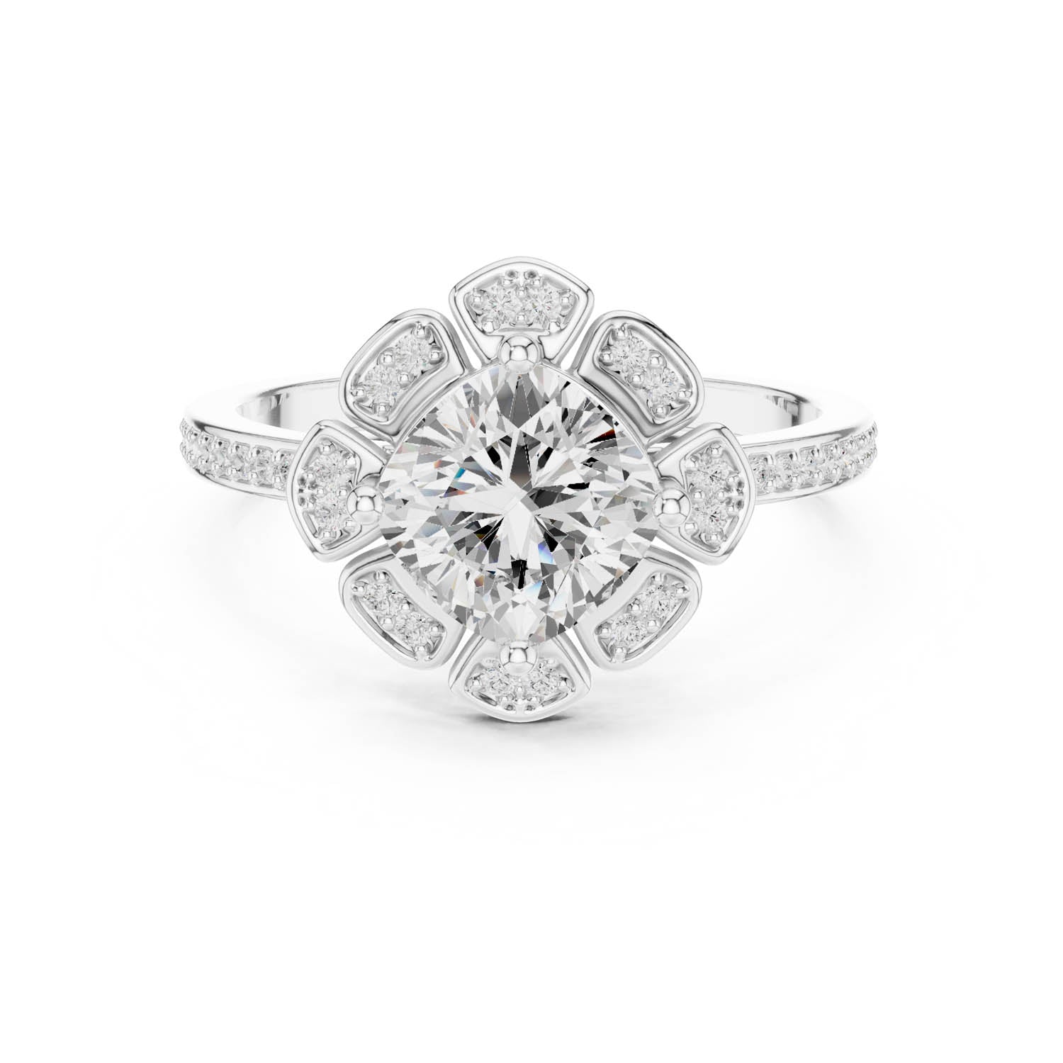 1.68 Ct. Classic Cushion Diamond Floral Halo Ring with Pavé Shank (DDLR-363)
