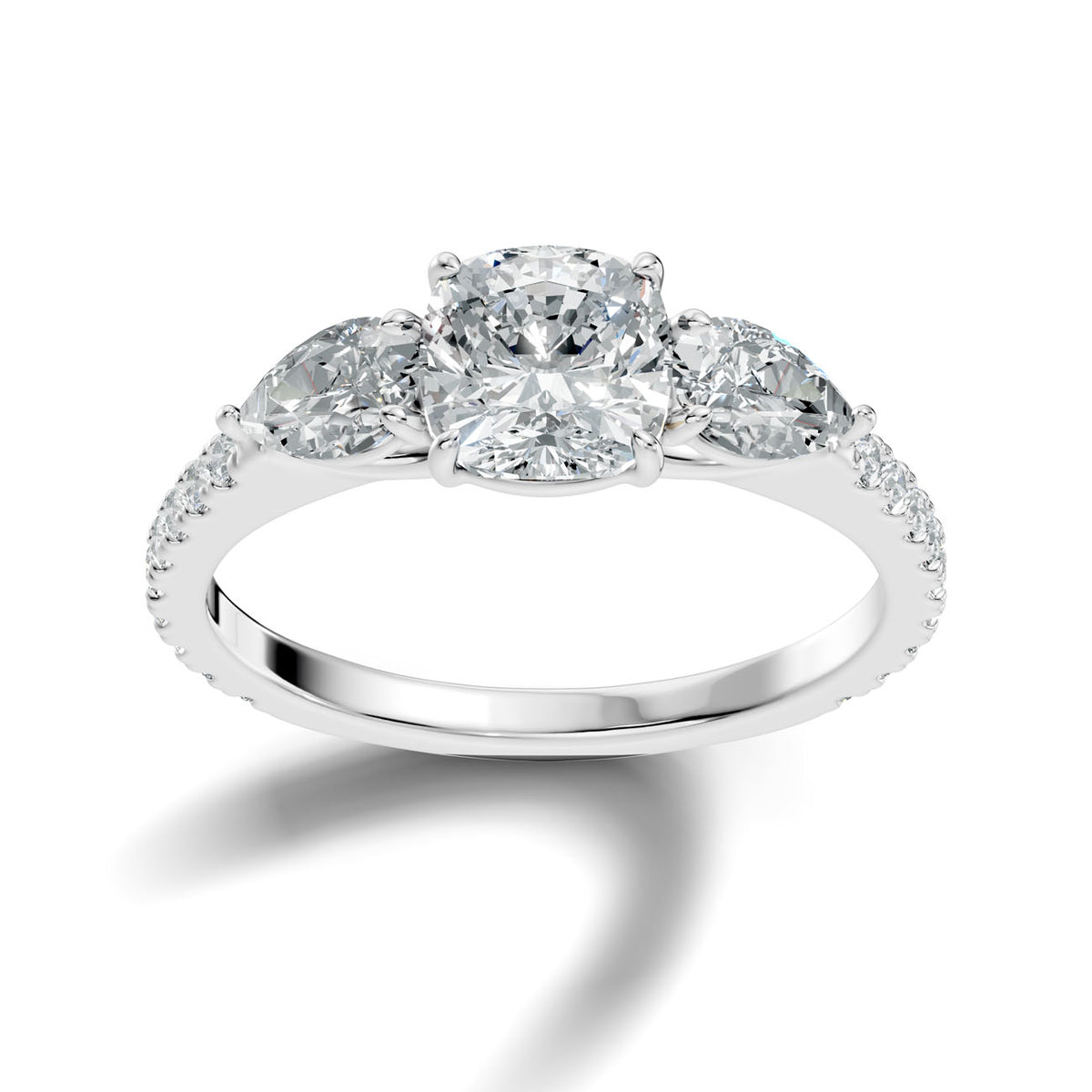 2.36 Ct. Cushion Cut Diamond Ring with Pear Side Stones and Pavé Shank