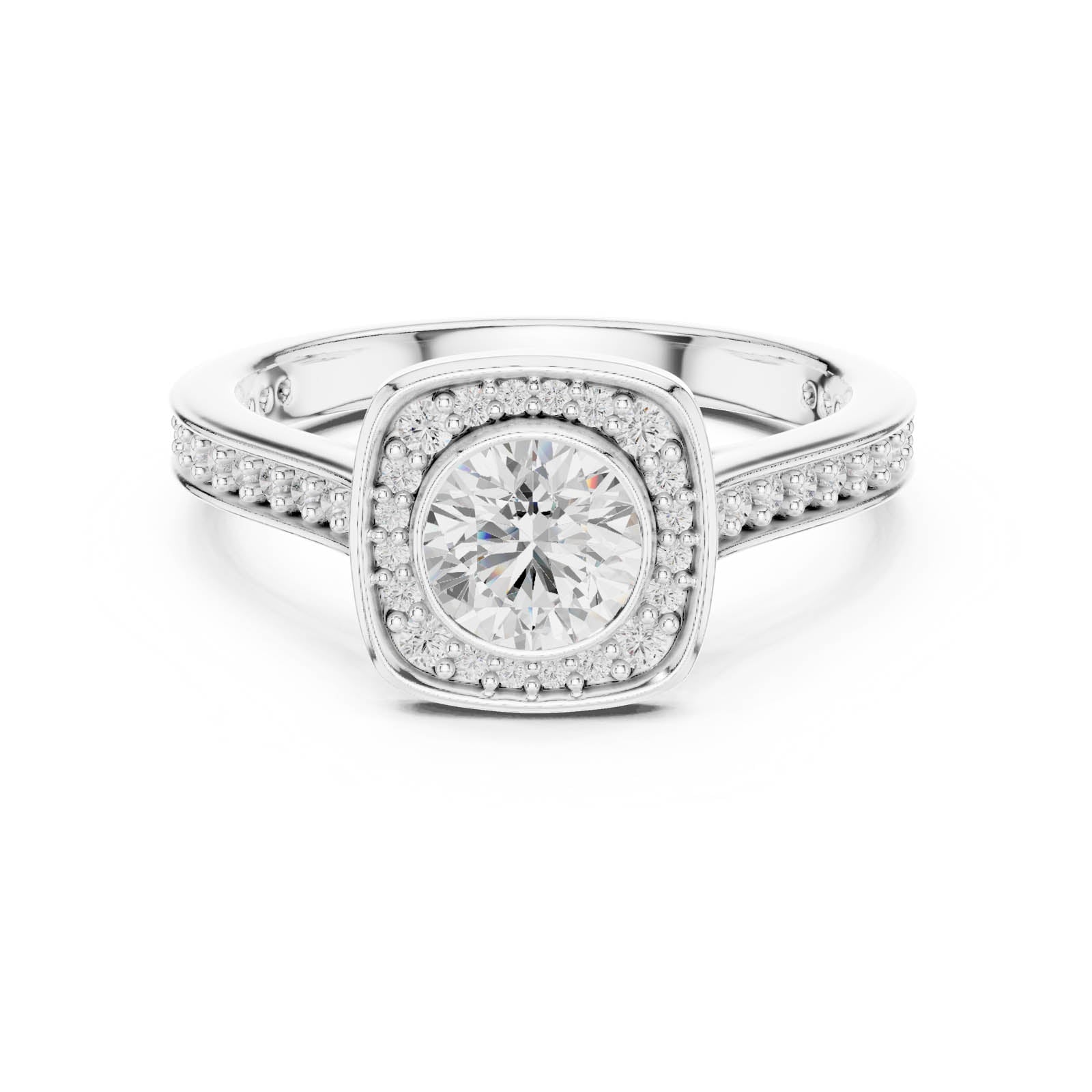1.07 Ct. Round Diamond Halo Ring with Cushion Halo Frame and Pavé Band (LR-0240) 3