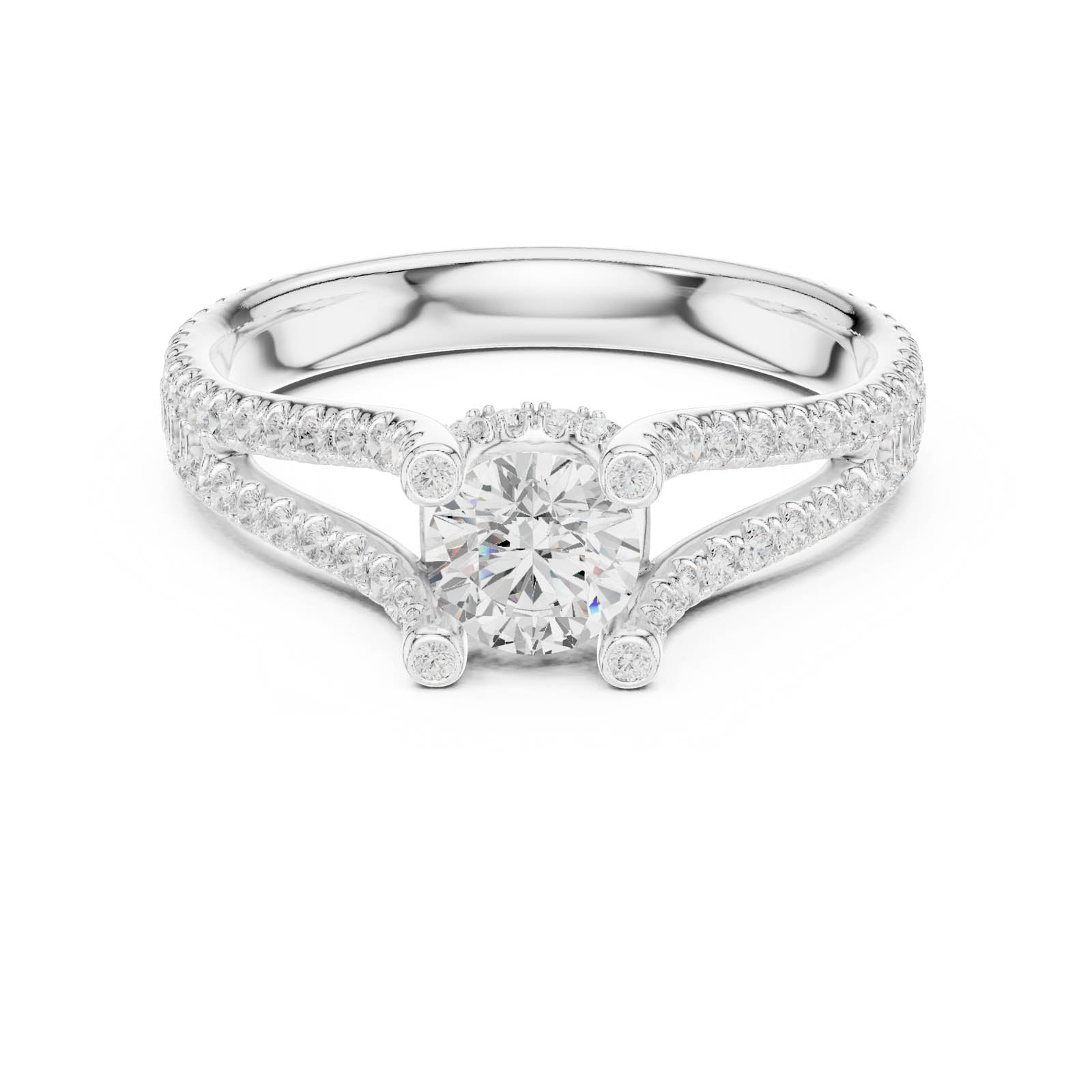 1.29 Ct. Round Diamond Split Shank Ring with Hidden Halo and Pavé Accents (LR-0295)