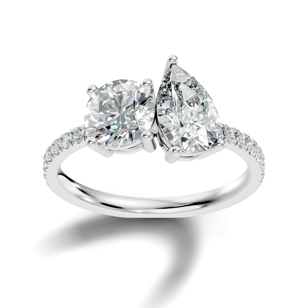 2.15 Ct. Round & Pear Two-Stone Diamond Ring with Pavé Band
