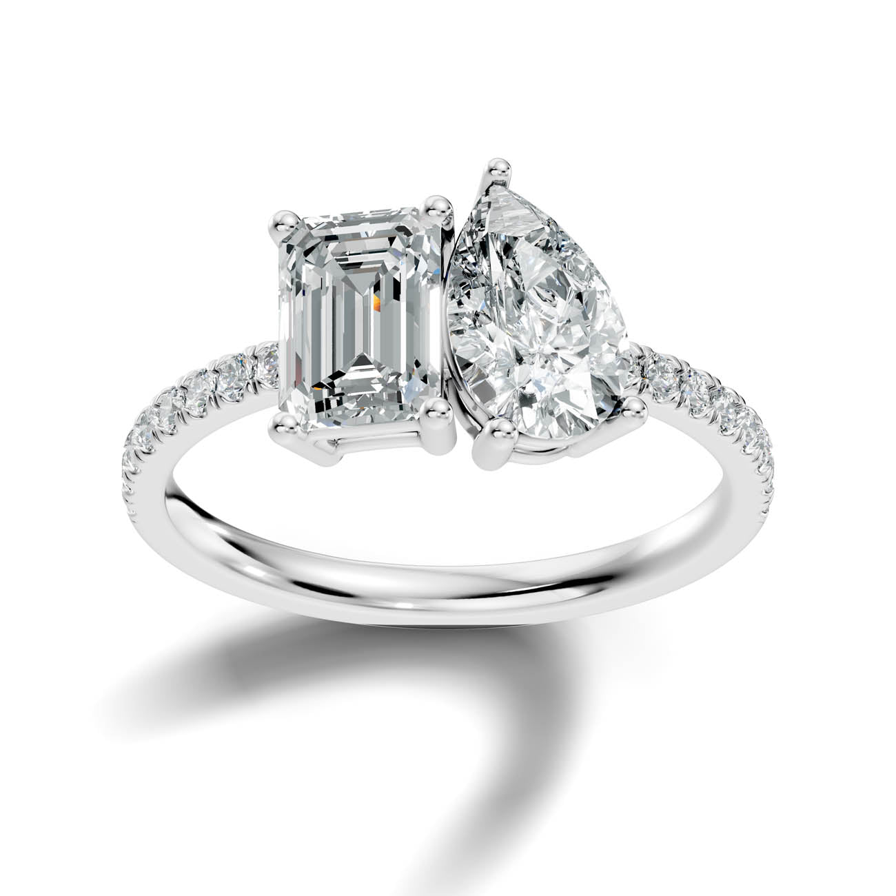 2.15 Ct. Emerald & Pear Two-Stone Diamond Ring with Pavé Band 3