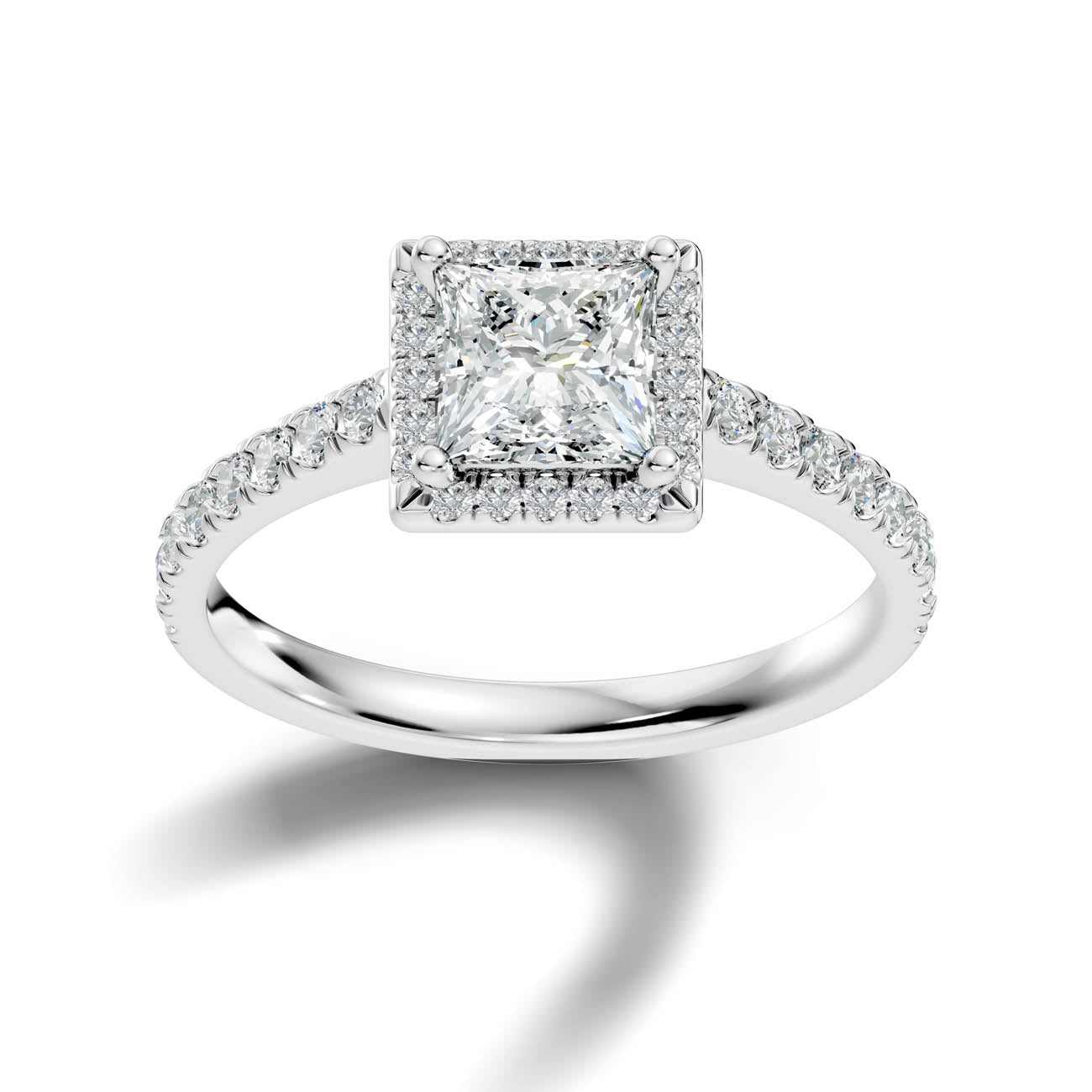 .50-1.00 Ct. Princess Cut Diamond Halo Ring with Pavé Band and Four-Prong Setting 3